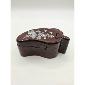 Vintage Wood Secret Puzzle Box Mother of Pearl Inlay Leaf Floral